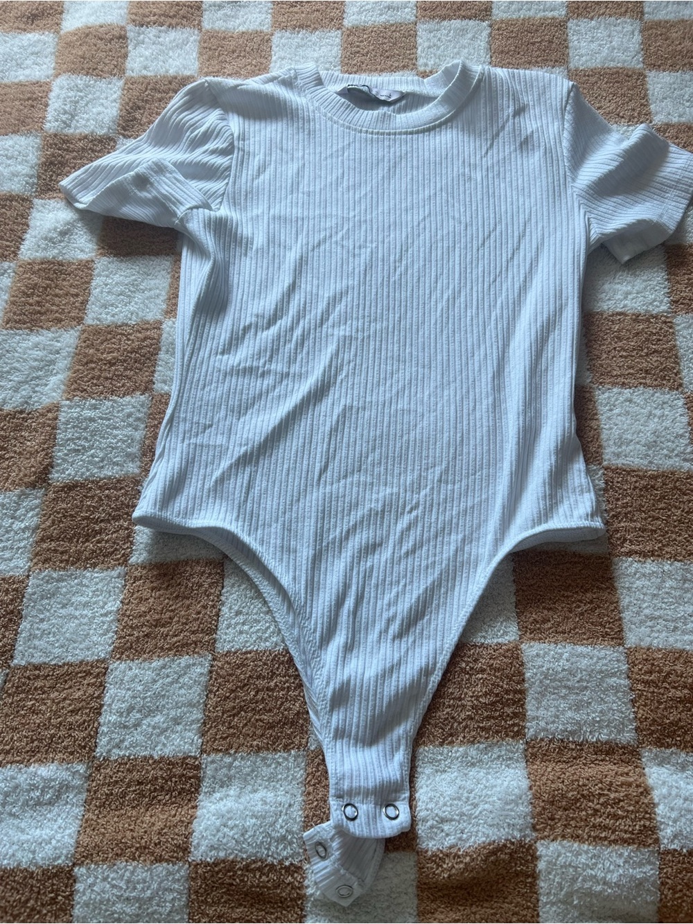 SO White Ribbed Short-Sleeve Bodysuit with Snap Crotch